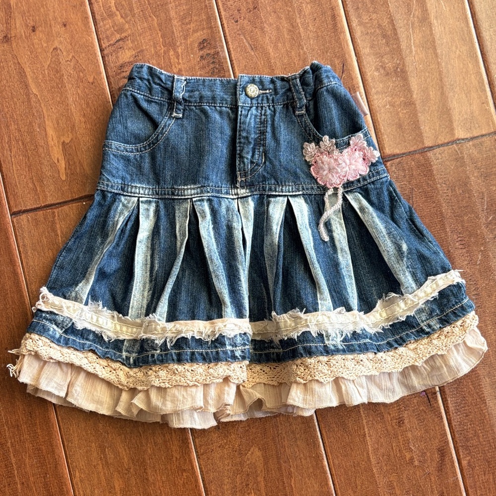 Pampolina Denim and Lace Skirt with Pink Floral Accent